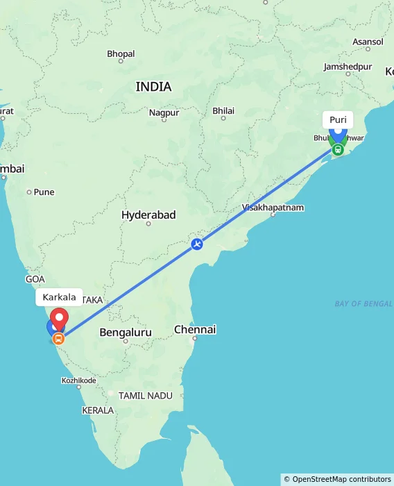 Route map showing distance and travel time from Puri, India to Karkala, India