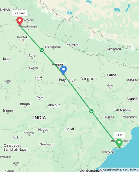 Route map showing distance and travel time from Puri, India to Karnal, India