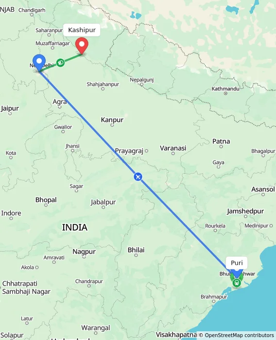 Route map showing distance and travel time from Puri, India to Kashipur, India