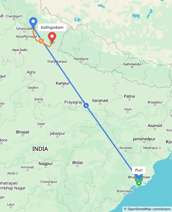 Route map showing distance and travel time from Puri, India to Kathgodam, India