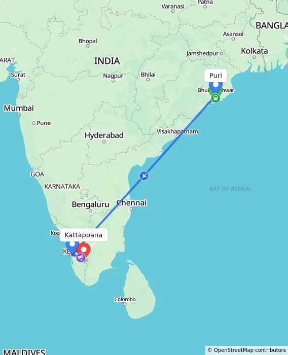 Route map showing distance and travel time from Puri, India to Kattappana, India