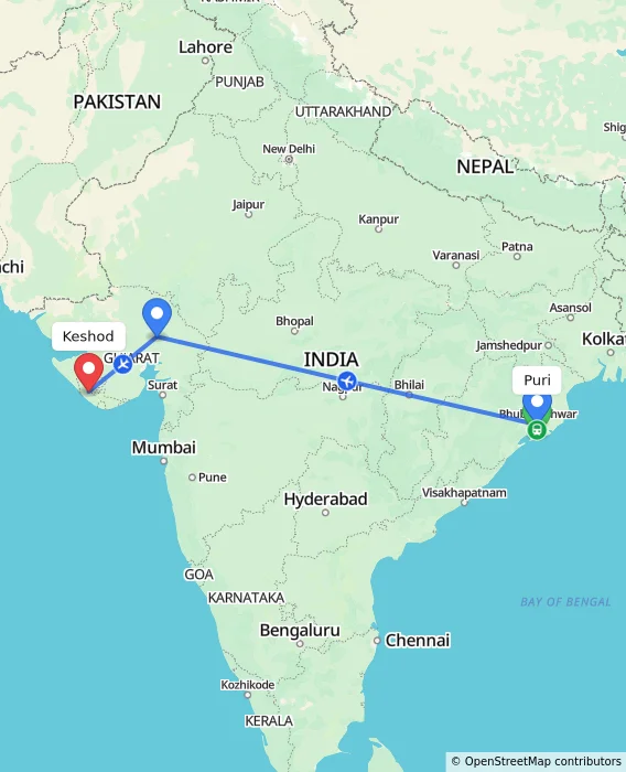 Route map showing distance and travel time from Puri, India to Keshod, India