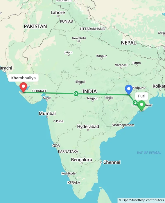 Route map showing distance and travel time from Puri, India to Khambhaliya, India