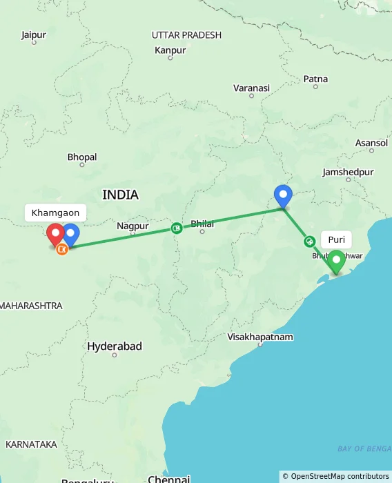 Route map showing distance and travel time from Puri, India to Khamgaon, India