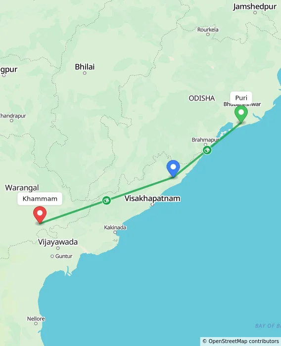 Route map showing distance and travel time from Puri, India to Khammam, India