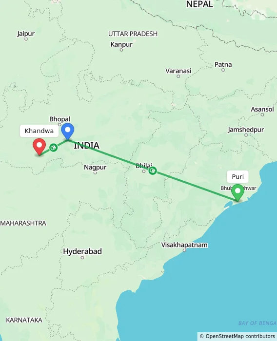 Route map showing distance and travel time from Puri, India to Khandwa, India