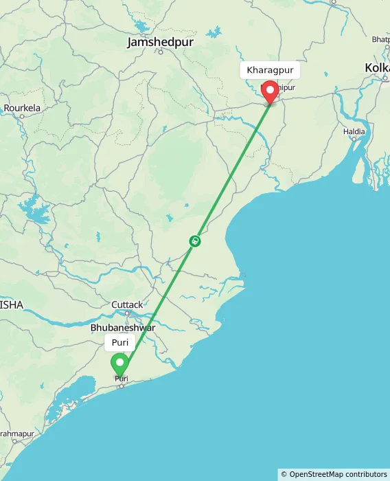 Route map showing distance and travel time from Puri, India to Kharagpur, India