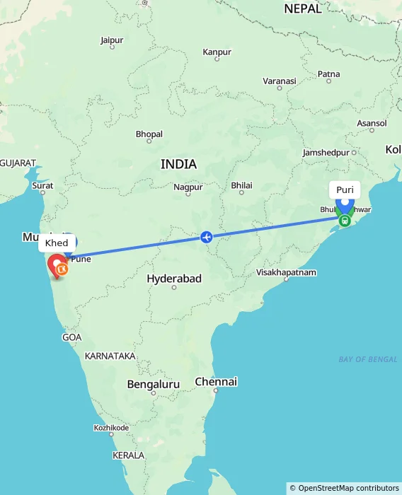 Route map showing distance and travel time from Puri, India to Khed, India