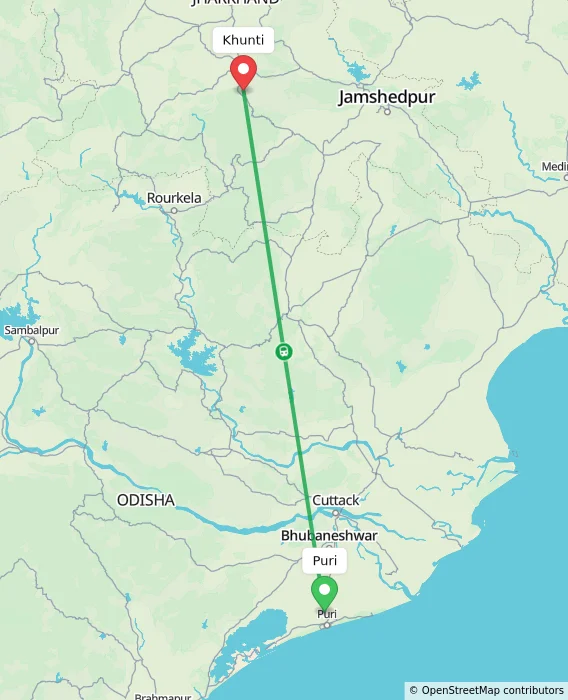 Route map showing distance and travel time from Puri, India to Khunti, India
