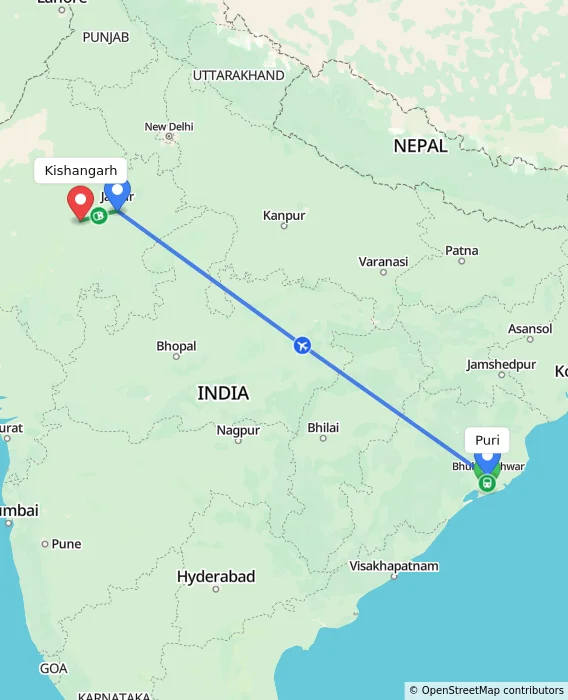 Route map showing distance and travel time from Puri, India to Kishangarh, India