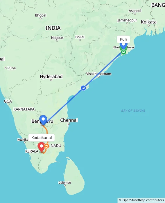 Route map showing distance and travel time from Puri, India to Kodaikanal, India