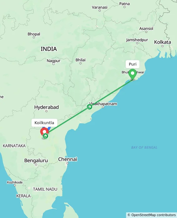 Route map showing distance and travel time from Puri, India to Koilkuntla, India
