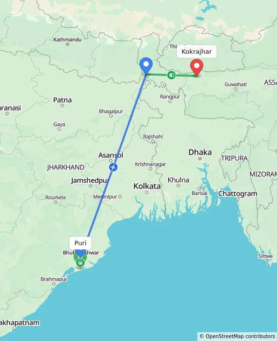 Route map showing distance and travel time from Puri, India to Kokrajhar, India