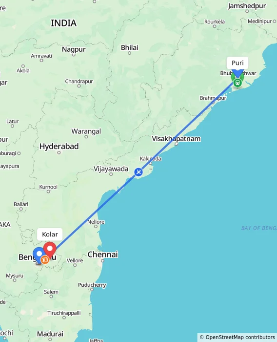 Route map showing distance and travel time from Puri, India to Kolar, India