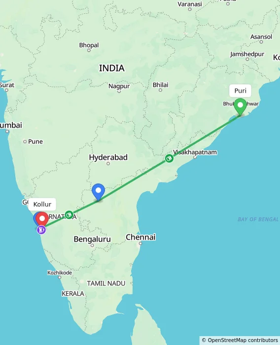 Route map showing distance and travel time from Puri, India to Kollur, India