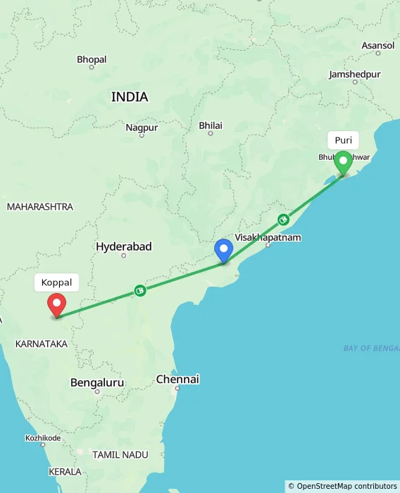 Route map showing distance and travel time from Puri, India to Koppal, India
