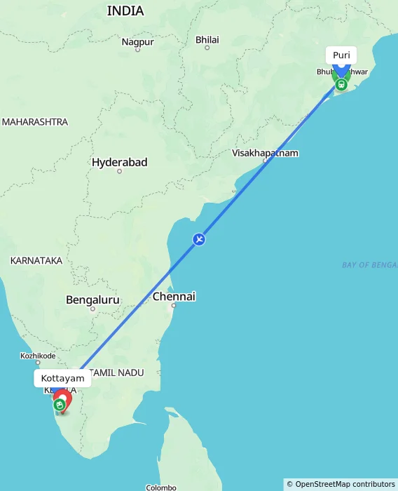 Route map showing distance and travel time from Puri, India to Kottayam, India