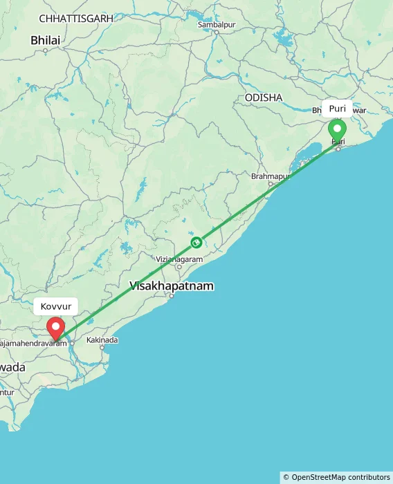 Route map showing distance and travel time from Puri, India to Kovvur, India
