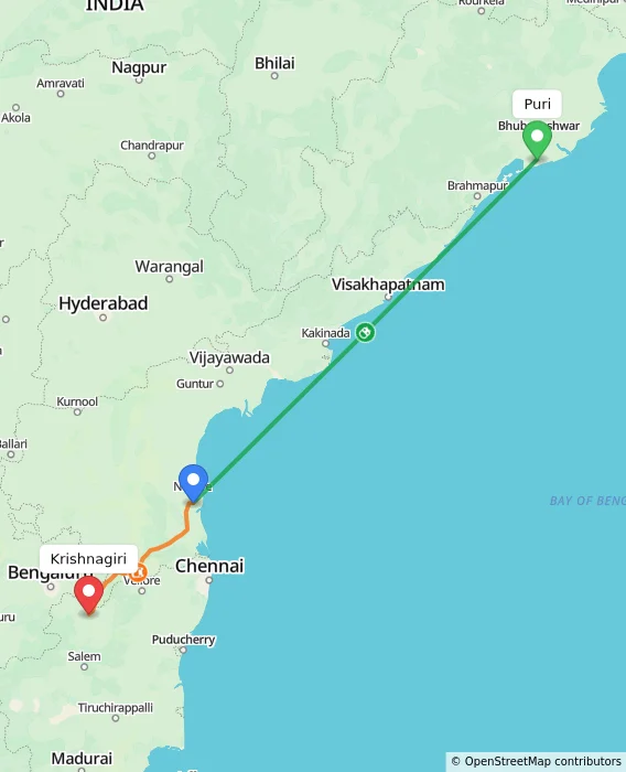 Route map showing distance and travel time from Puri, India to Krishnagiri, India
