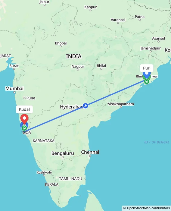 Route map showing distance and travel time from Puri, India to Kudal, India