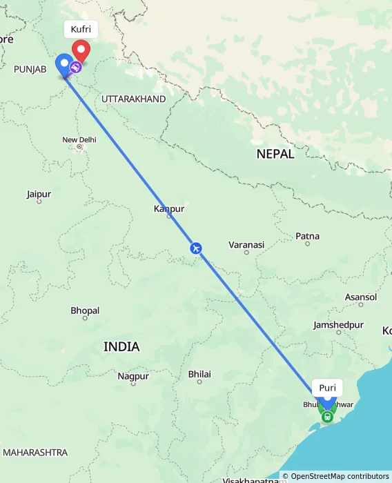Route map showing distance and travel time from Puri, India to Kufri, India
