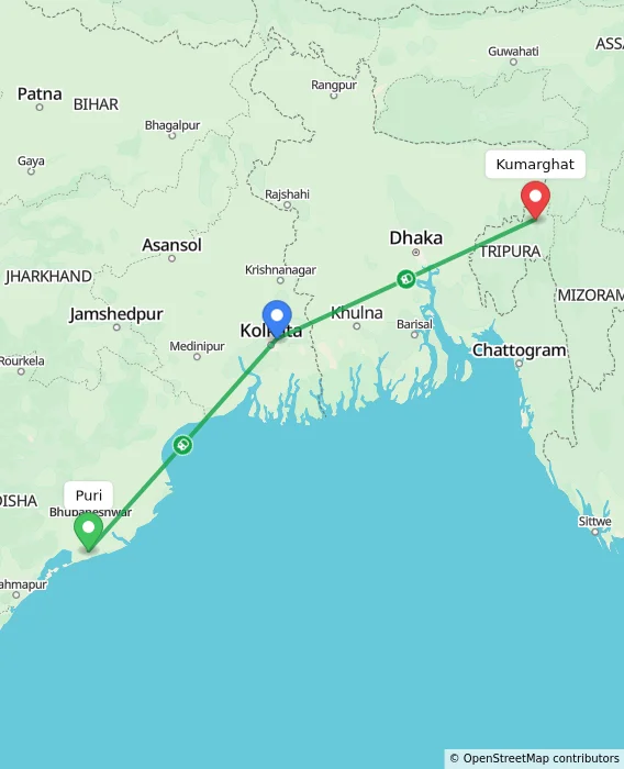 Route map showing distance and travel time from Puri, India to Kumarghat, India