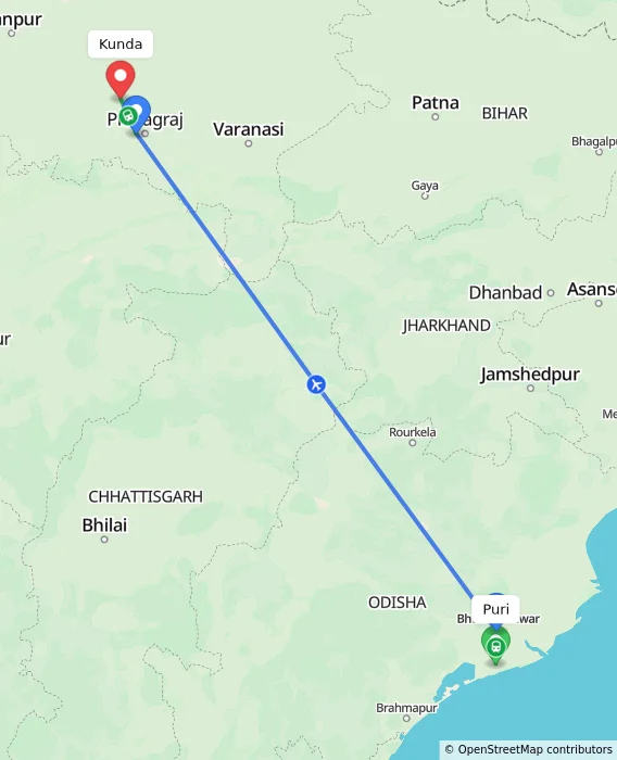 Route map showing distance and travel time from Puri, India to Kunda, India