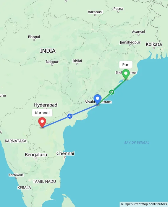 Route map showing distance and travel time from Puri, India to Kurnool, India