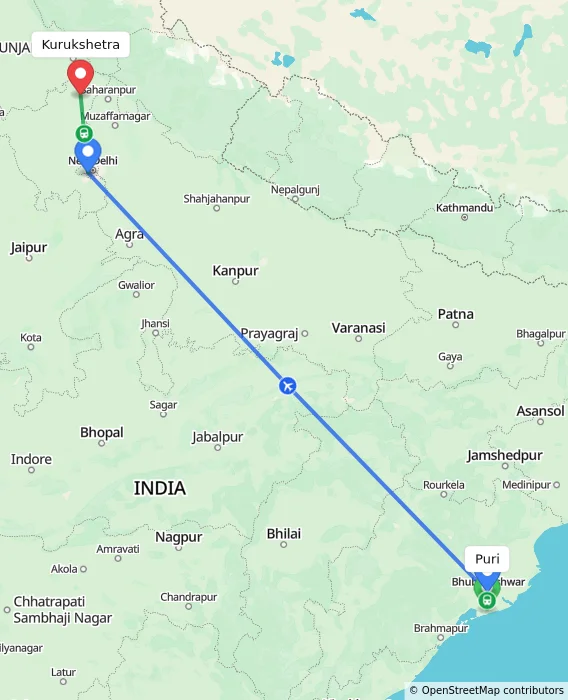 Route map showing distance and travel time from Puri, India to Kurukshetra, India