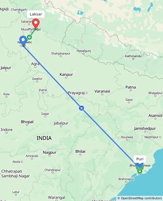 Route map showing distance and travel time from Puri, India to Laksar, India