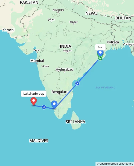 Route map showing distance and travel time from Puri, India to Lakshadweep, India
