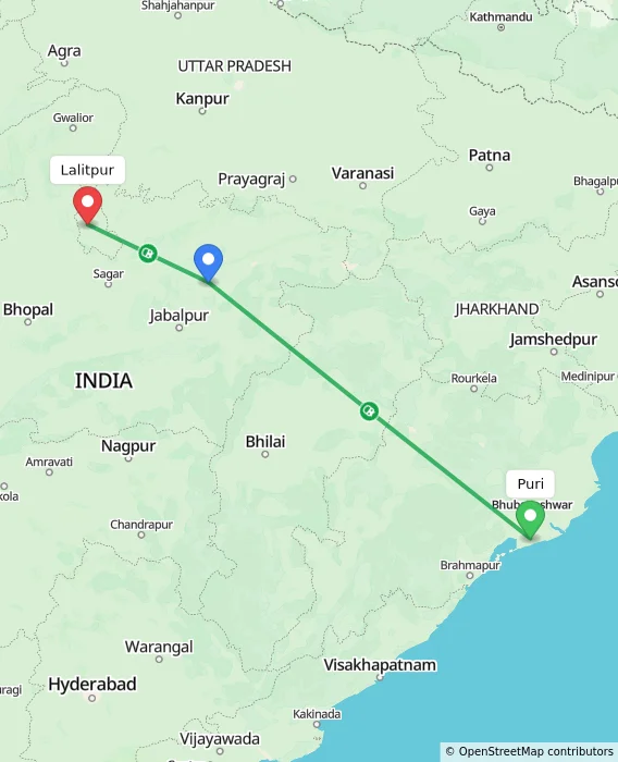 Route map showing distance and travel time from Puri, India to Lalitpur, India