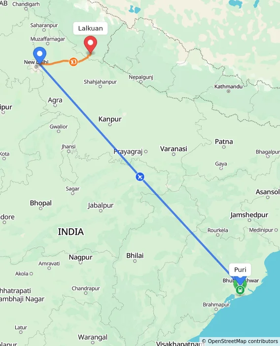 Route map showing distance and travel time from Puri, India to Lalkuan, India