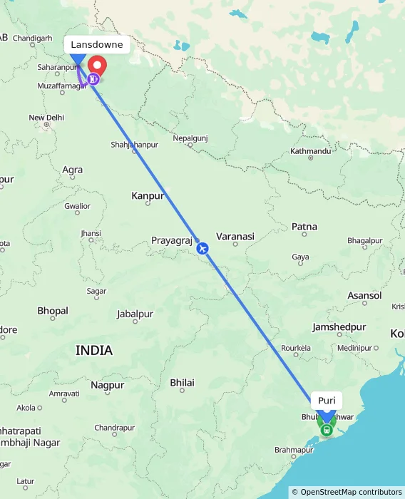 Route map showing distance and travel time from Puri, India to Lansdowne, India