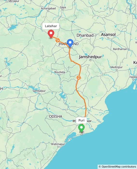 Route map showing distance and travel time from Puri, India to Latehar, India