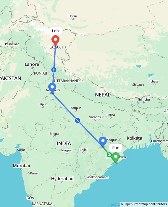 Route map showing distance and travel time from Puri, India to Leh, India