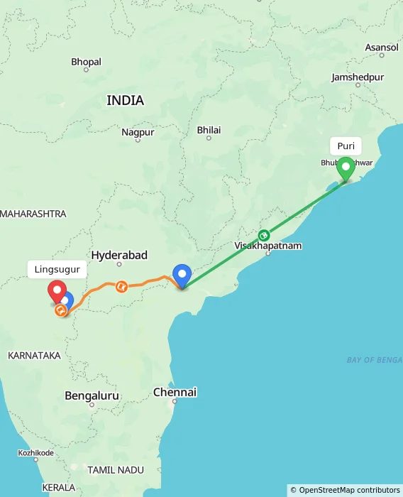 Route map showing distance and travel time from Puri, India to Lingsugur, India