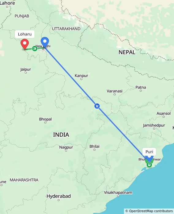 Route map showing distance and travel time from Puri, India to Loharu, India