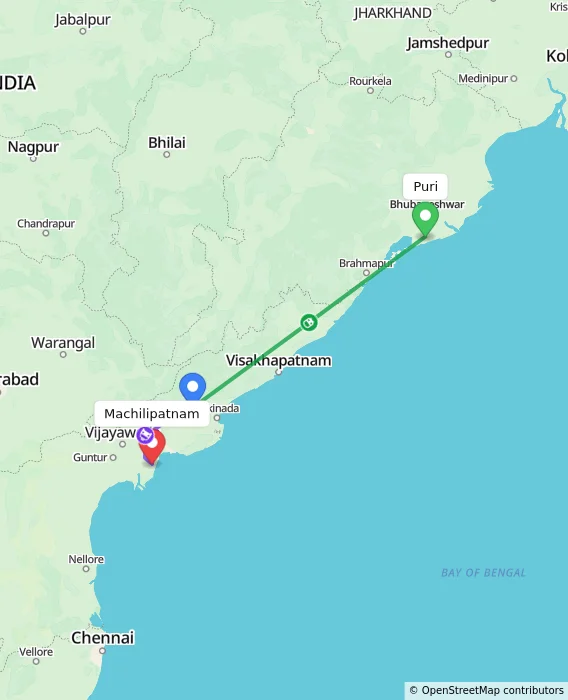 Route map showing distance and travel time from Puri, India to Machilipatnam, India