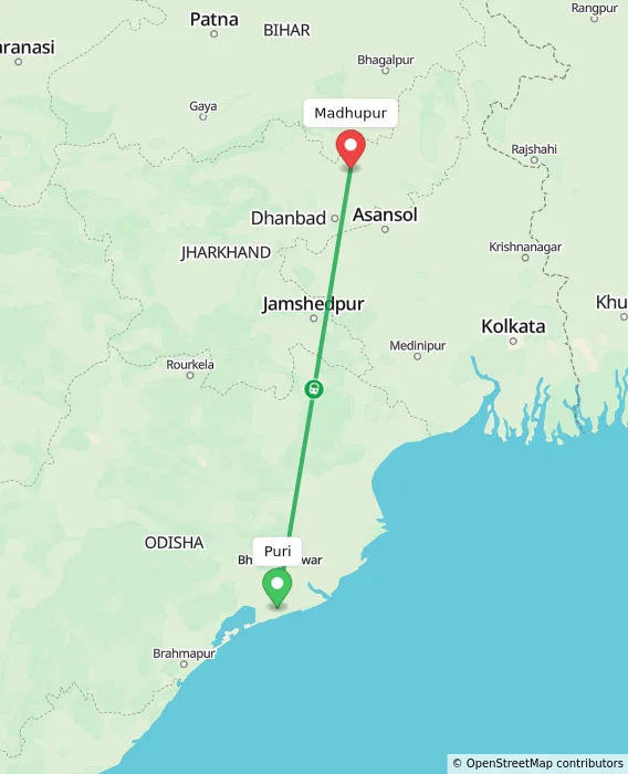 Route map showing distance and travel time from Puri, India to Madhupur, India