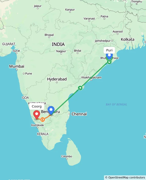 Route map showing distance and travel time from Puri, India to Madikeri, India