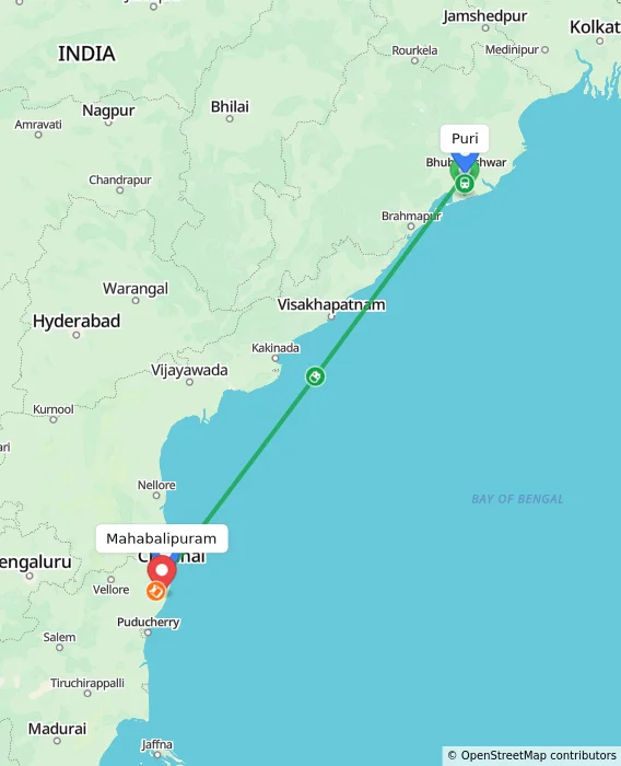 Route map showing distance and travel time from Puri, India to Mahabalipuram, India