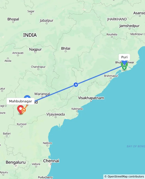 Route map showing distance and travel time from Puri, India to Mahbubnagar, India