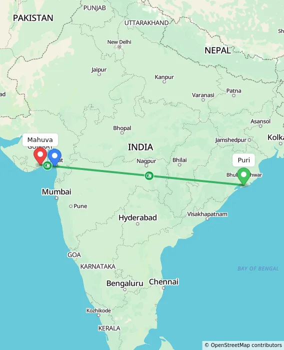 Route map showing distance and travel time from Puri, India to Mahuva, India