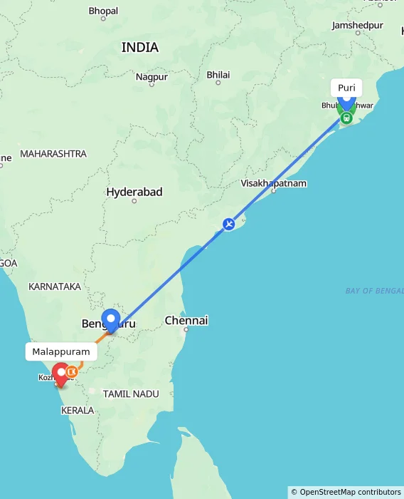 Route map showing distance and travel time from Puri, India to Malappuram, India