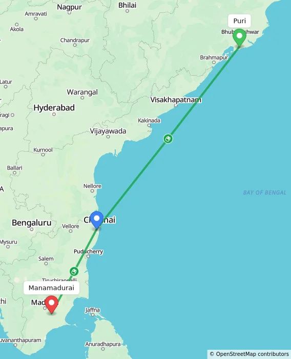 Route map showing distance and travel time from Puri, India to Manamadurai, India
