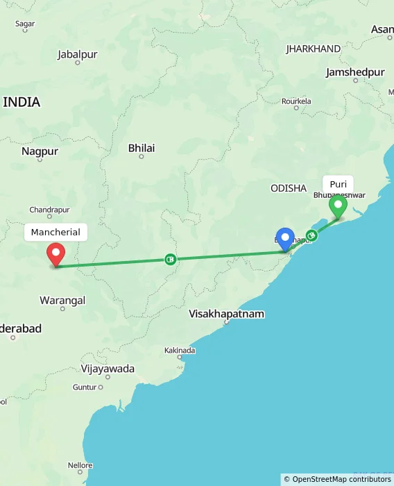 Route map showing distance and travel time from Puri, India to Mancherial, India