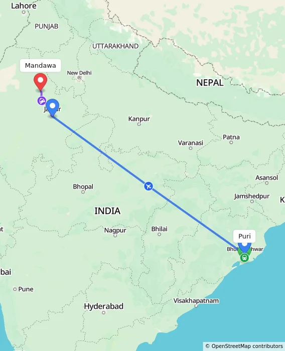Route map showing distance and travel time from Puri, India to Mandawa, India