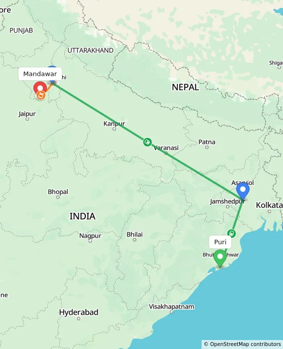 Route map showing distance and travel time from Puri, India to Mandawar, India