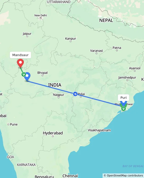 Route map showing distance and travel time from Puri, India to Mandsaur, India